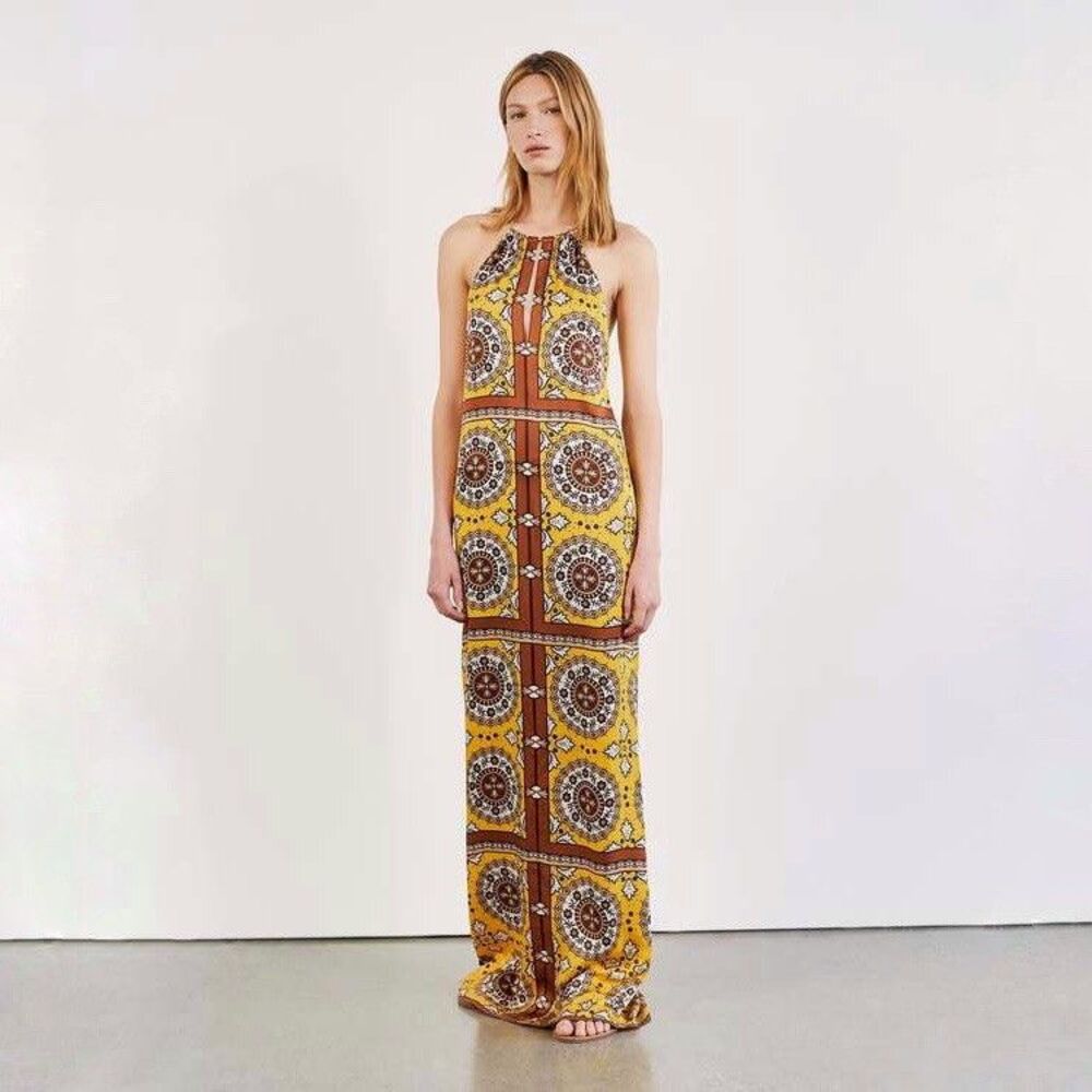 NWT Nili Lotan Rigel Scarf Maxi Halter Dress Size 0 Yellow / Brown 100% Silk